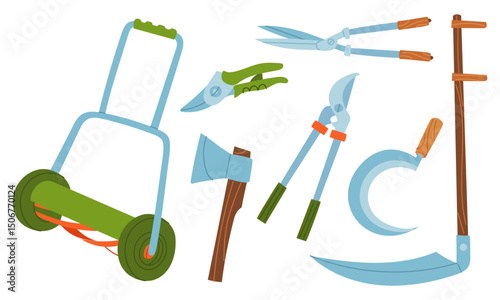 set for caring for plants. Pruning shears, scythe, sickle, lawn mower. Gardening tools. Seasonal work. product for agricultural crops. Suitable ecology, garden, cleaning, household, packaging design