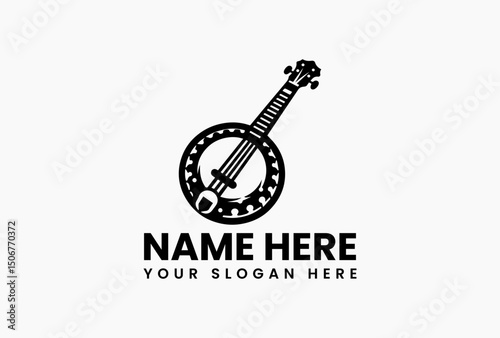 Elegant banjo instrument vector logo in black and white with decorative patterns for music lovers  