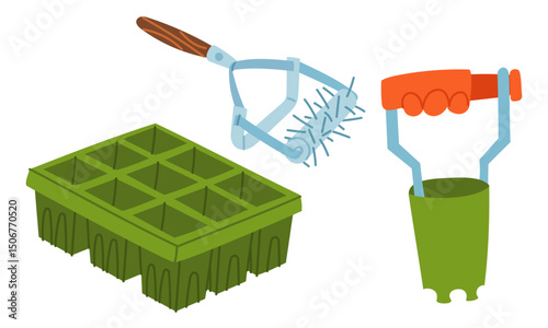 set for planting plants. Seedling cassette, cultivator, planting cone . Gardening tools. Seasonal work. product agricultural crops. Suitable for ecology, garden, cleaning, household, packaging design