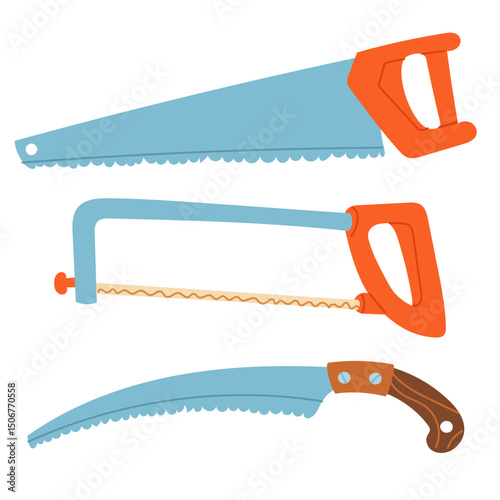 set of objects for sawing. A hacksaw, a saw. Gardening and construction equipment. Seasonal work. A product for agricultural crops. Suitable for ecology, garden, cleaning, household, packaging design