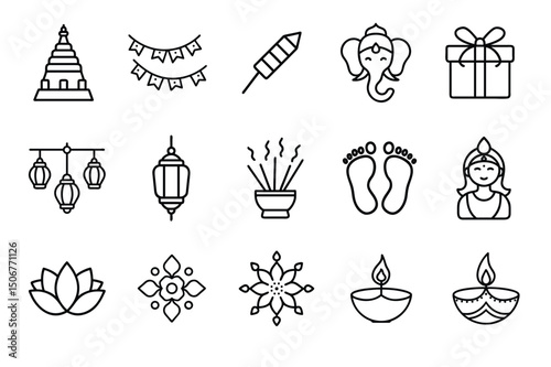 diwali line art icon set