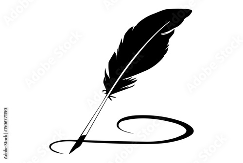 Vintage Feather quill pen with black ink stroke, classic stationery illustration isolated on white background Pro Vector