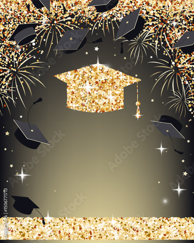 Graduation ceremony banner with graduate caps and gold confetti. Luxury invitation card for grads party or other graduation celebration design. Vector illustration.