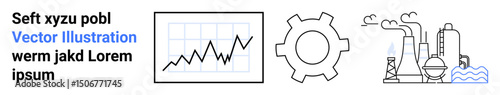 Rising graph line, gear symbol, and operational factory with smoke illustrate growth, industry, and progress. Ideal for engineering, manufacturing, strategy, analytics productivity industrial
