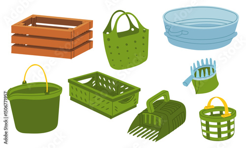 set of containers harvesting and storing crops. Flat color isolated illustration. Gardening tools. Seasonal work. Agricultural crop items. Suitable for ecology, garden, cleaning, household, packaging