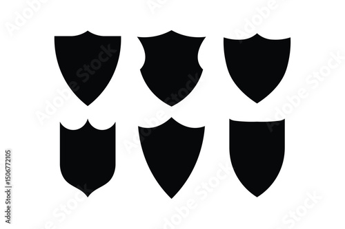Six silhouetted shields in black displayed on a white background vector illustration