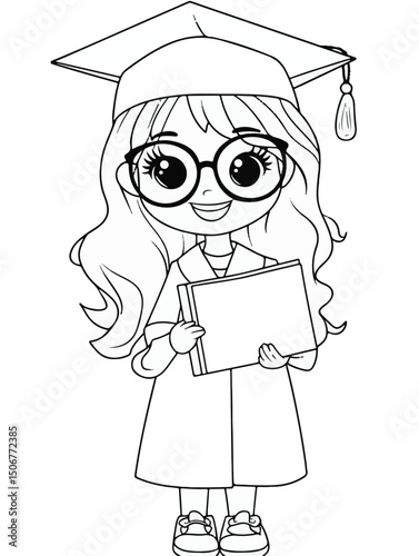  Graduate Girl with Glasses Holding Diploma – Coloring Page
