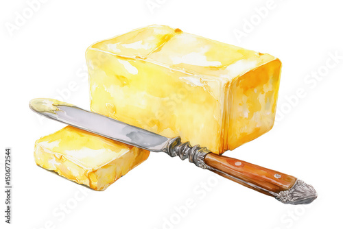 Block of Butter on Table with Knife and Wooden Handle on white background
