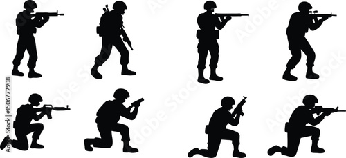 Silhouette illustration of eight soldiers in various poses holding guns on a white background