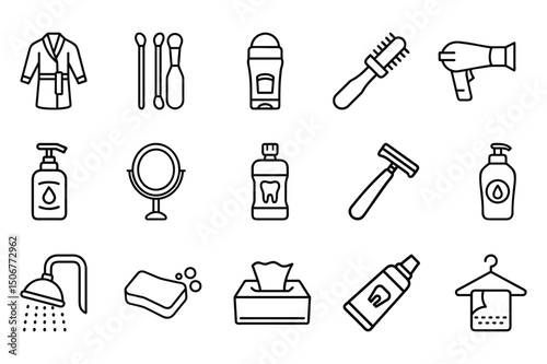 Bathroom Essentials Line Icon Set – Hygiene, Toiletries, Grooming & Shower Routine Vector