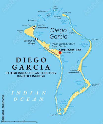 Diego Garcia, the largest island of the Chagos Archipelago, political map. British Indian Ocean Territory, and the site of a Joint Military Facility of the United Kingdom and the United States.