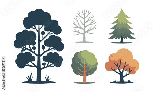 A Modern vector-style illustration set of various tree silhouettes, easily scalable and editable.