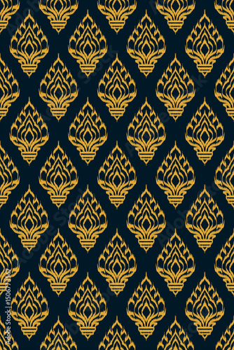 Abstract elegant of traditional  Thai art pattern with golden flame motif on dark navy blue Background