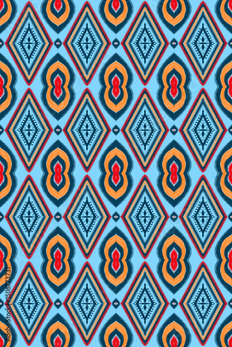 Blue and yellow orange on ethnic motif inspired geometric, hand drawn pattern with line art diamond shapes wallpaper textiles background.