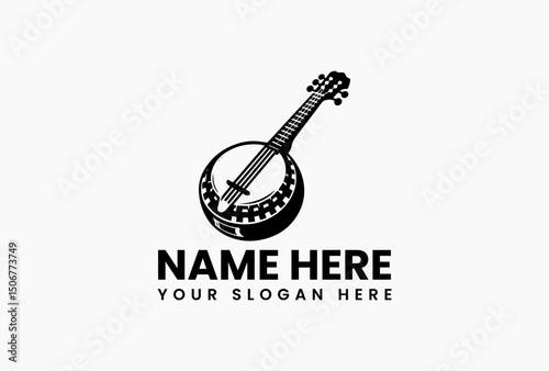 Traditional banjo musical instrument vector logo in stylized black and white with artistic details  