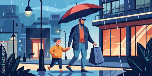 Father and Son Walking in the Rain in the City with Umbrella and Shopping Bag