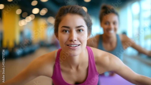 Energetic young women perform a birddog exercise in a vibrant, well-lit gym setting.