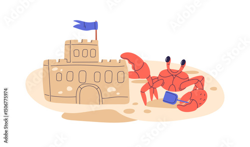 Cute crab building sand castle. Summer beach, sea coast with lobster, marine animal with shovel, sandcastle. Sandy shore, seaside vacation. Flat vector illustration isolated on white background.