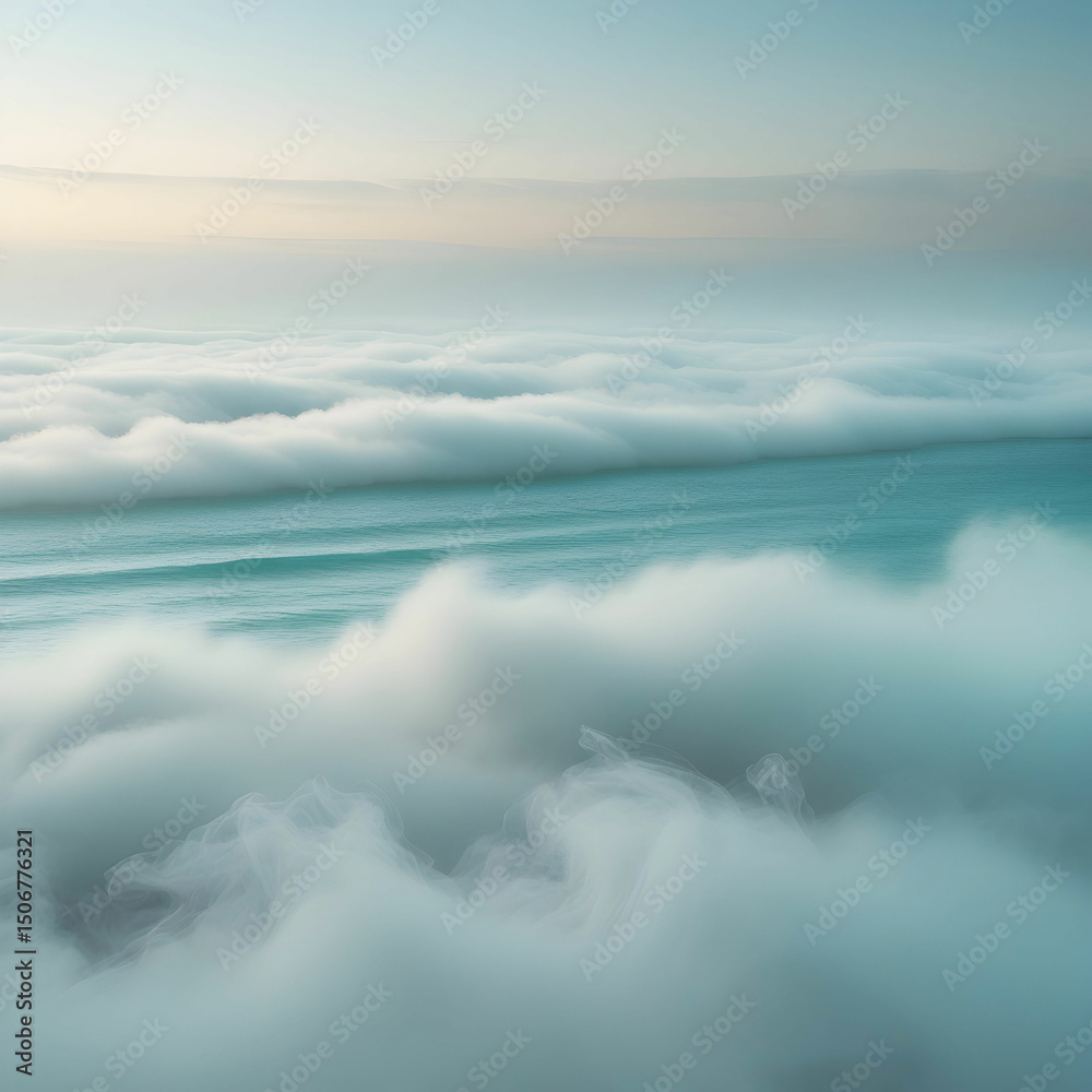 Obraz premium A tranquil teal ocean meets the horizon as a glowing fog bank slowly rolls in, bathed in warm late-morning sunlight and swirling mist.