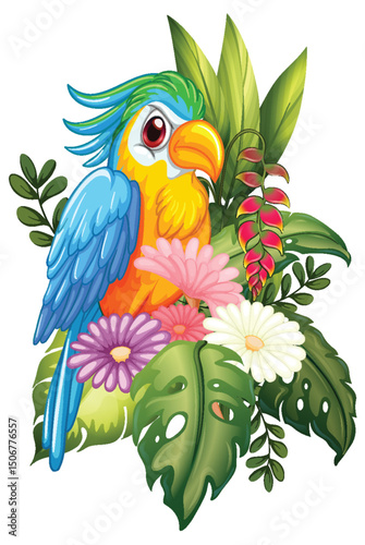 Colorful Parrot with Tropical Flowers Illustration