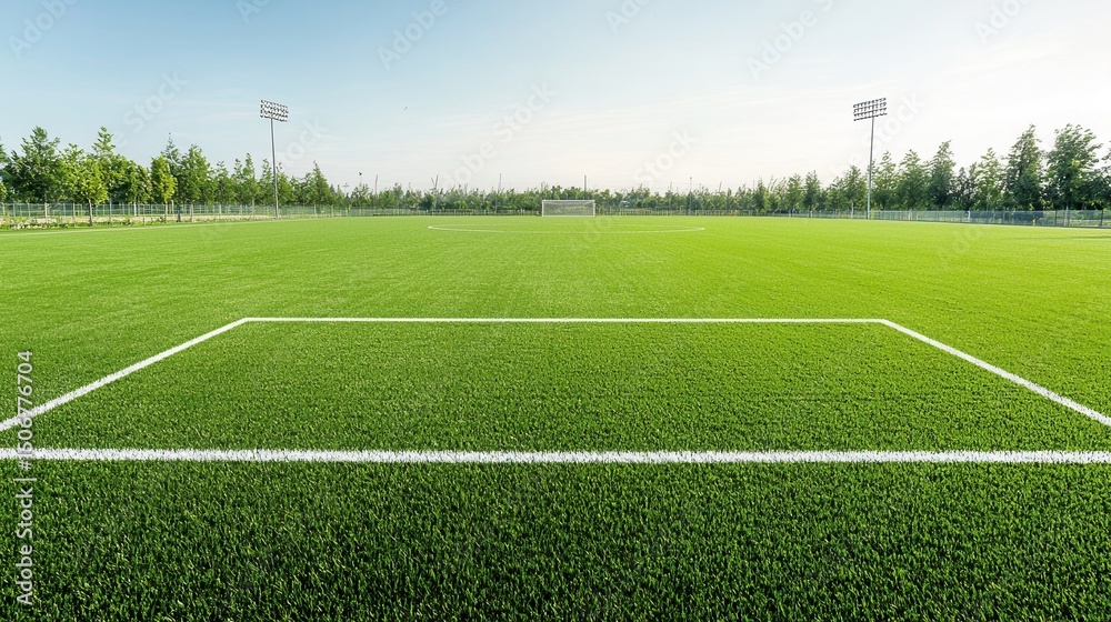 Obraz premium This image showcases a pristine well maintained sports field covered in lush vibrant green turf The field is surrounded by a spacious outdoor environment
