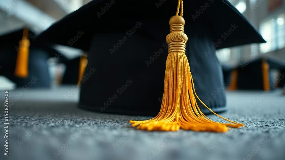 Close up of a graduation cap with a golden tassel on a textured surface captured at a low angle Ideal for an educational video theme