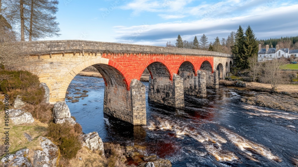 Fototapeta premium Historic stone bridge over river with vibrant red arches