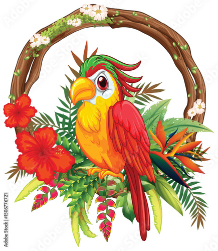 Colorful Parrot with Tropical Floral Frame