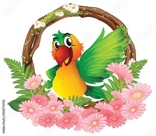 Cheerful Bird Surrounded by Floral Wreath