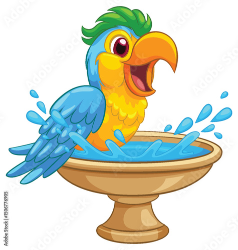 Colorful Parrot Enjoying a Bath in Birdbath