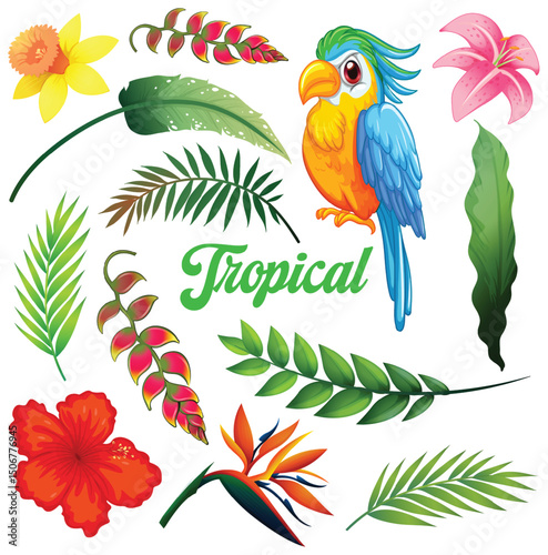 Tropical Bird and Exotic Floral Elements