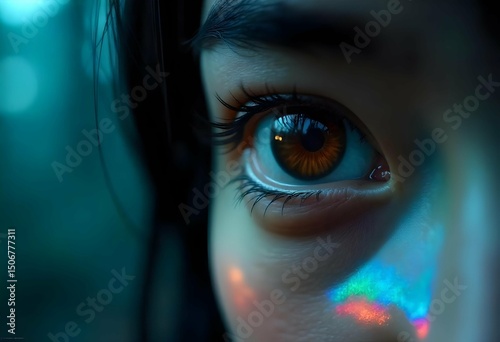 Extreme close-up of a human eye showing emotion — joy, sadness, fear, focus — high-detail iris and reflection, sharp focus on eye only, soft blurred background, studio-style lighting, isolated concept