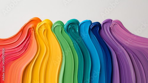 Early development children art concept. Simple minimal finger painting of a rainbow in vibrant color shapes, fresh stroke texture on white canvas background. Kindergarten, kid hobby, first artwork