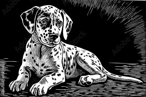 Dalmatian puppy sitting black and white isolated hand drawn sketch