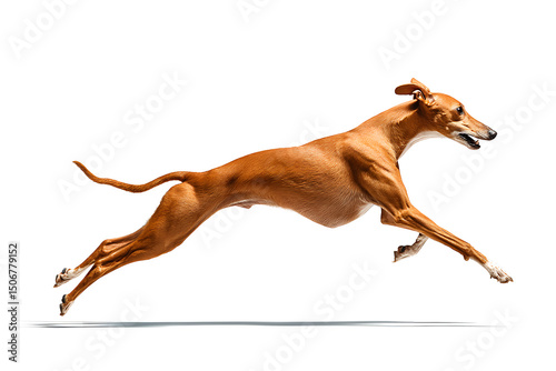 A brown dog jumps gracefully, showcasing its athleticism and speed in a playful moment full of energy