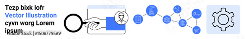 Magnifying glass over hourglass, network diagram showing interconnected nodes, gear icon. Ideal for research, process analysis, workflow, system optimization, data discovery, automation concepts