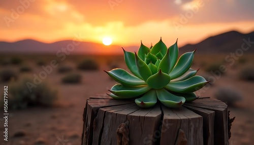 Small plant grown inside dead tree stump,  Sunset in desert green succulent on cracked stump, created with generative ai