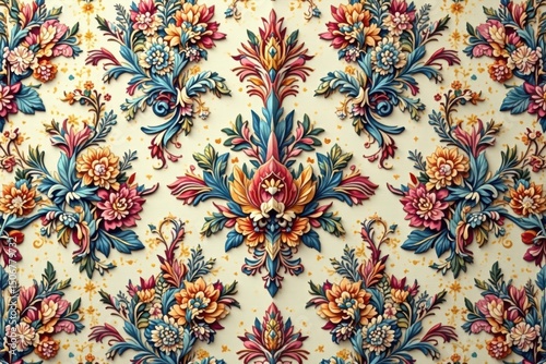 Intricate floral damask pattern in muted tones, subtle, print