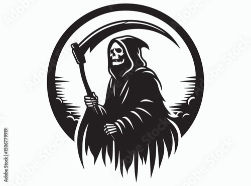 Grim Reaper Pose, Grim Reaper Action Pose, Grim Reaper Activity Pose, Grim Reaper Silhouette Black Vector Illustration