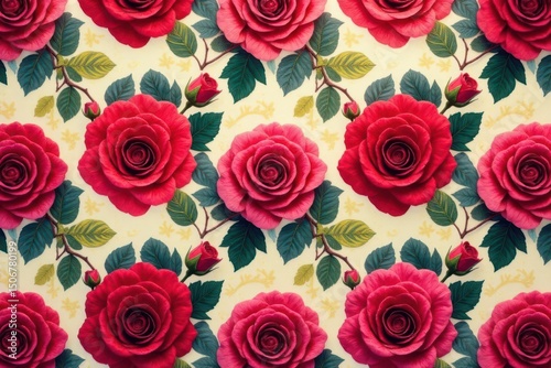 Bold rose motifs arranged in a square repeating pattern , pattern, repeating