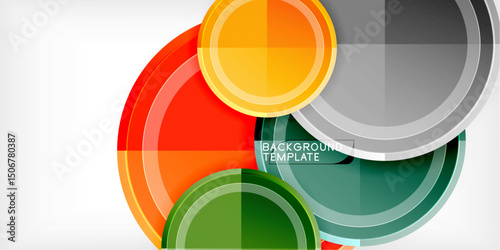 Abstract circles overlap, creating vibrant color gradients. Design features red, orange, green, gray tones. Modern template for backgrounds.