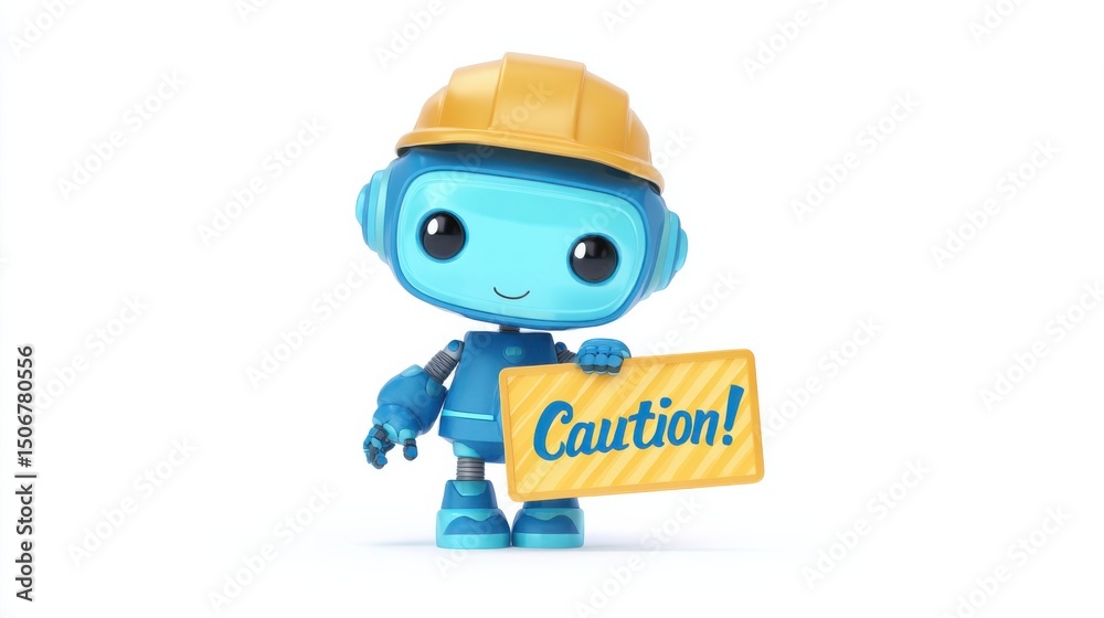 Obraz premium cute blue robot mascot wearing safety helmet holding caution sign