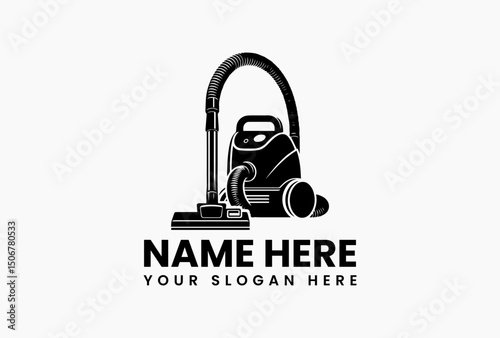 Stylized black and white vector logo illustration of a modern canister vacuum cleaner with hose and cleaning head. Household appliance concept