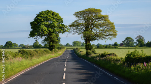Wide road into distance, flanked by green fields and blue sky. High-definition, horizontal composition. Serene beauty.
