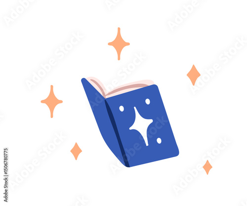 Open magic book with sparkles. Fiction literature, fantasy story with wonder stars and mystic secrets. Fairytale, imagination, mystery concept. Flat vector illustration isolated on white background.