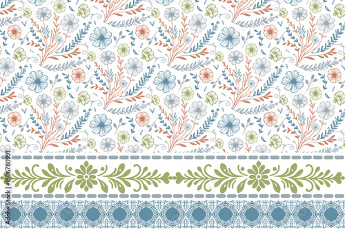 seamless hand drawn flower sketch, cotton border rose pattern, modern textile one line design, wrapping paper for fashion, stylish fabric texture

