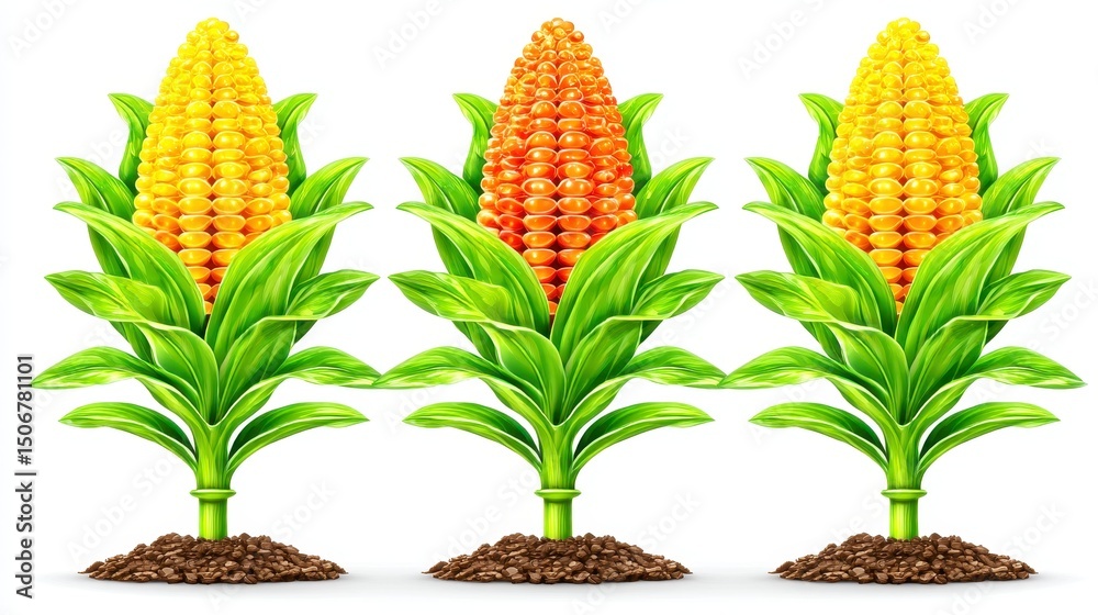 Fototapeta premium Three Corn Plants with Yellow and Orange Kernels on White Background