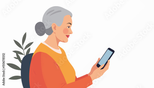 Senior woman using smartphone while sitting in a cozy environment with plant elements nearby
