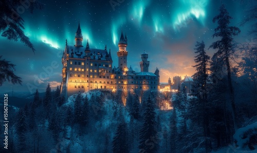 majestic snow-covered castle glowing softly under golden light surrounded by a frosted forest, Generative AI