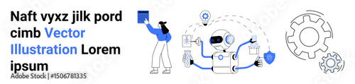 Robot multitasking with gears, shield, and documents person reviewing tablet screen. Ideal for technology, AI, automation, teamwork, innovation, creativity simple landing page